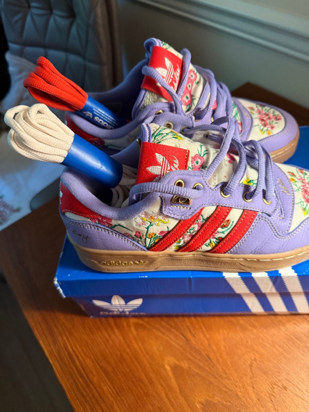 adidas ( please be a good boy) sneekers purple/red/flower emb size 7